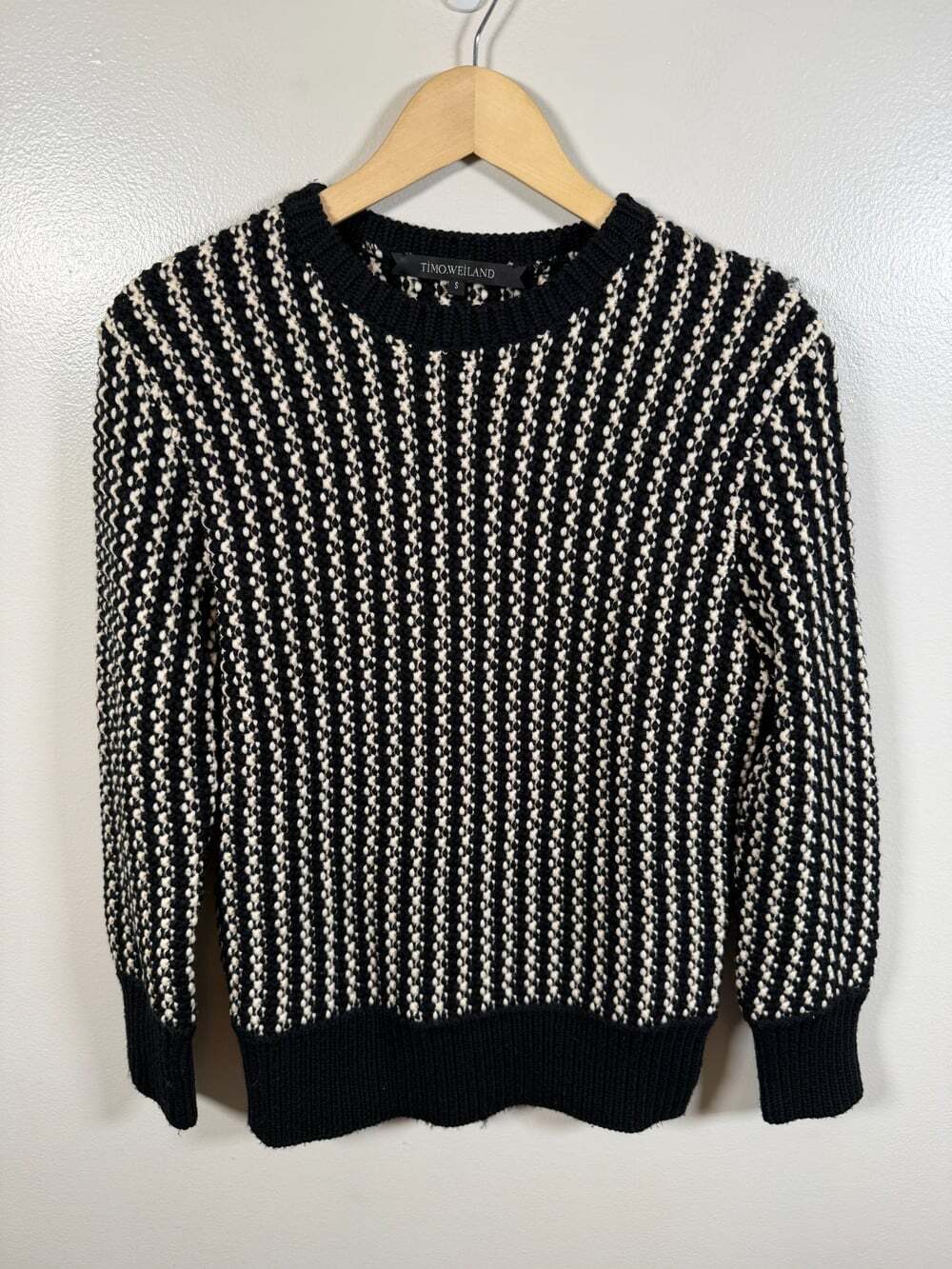 Timo Weiland Merino Wool Sweater Size Small Black Ivory Chunky Knit Crewneck